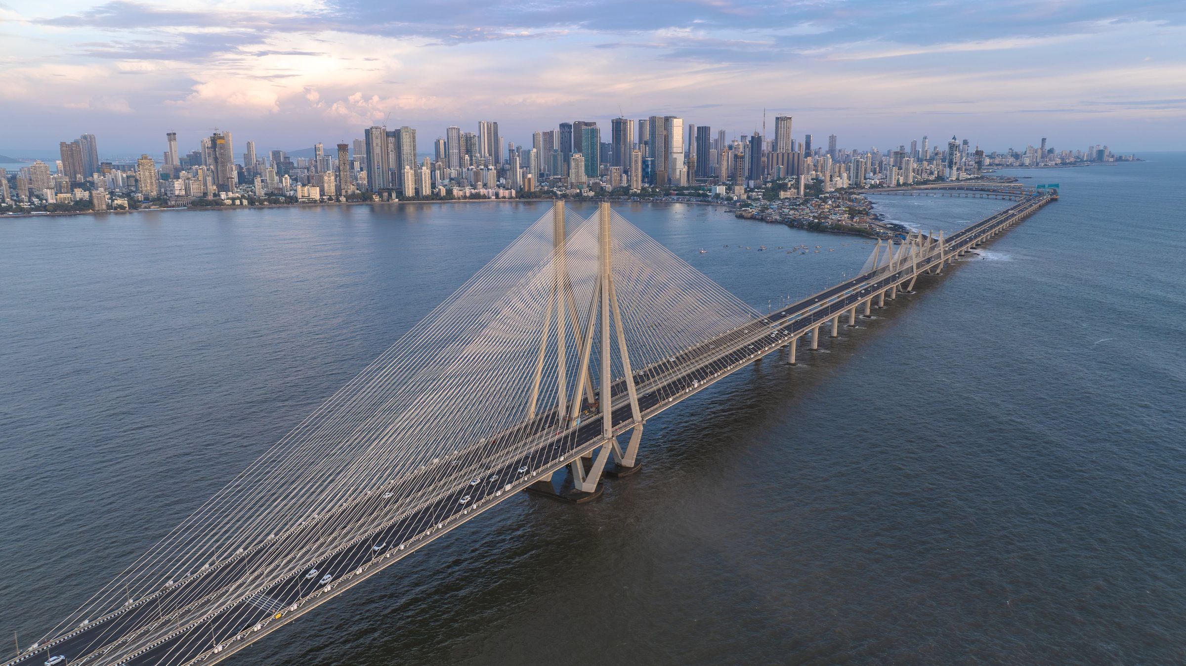 Aerial view of the Bandra-Worli Sea Link and the Mumbai skyline